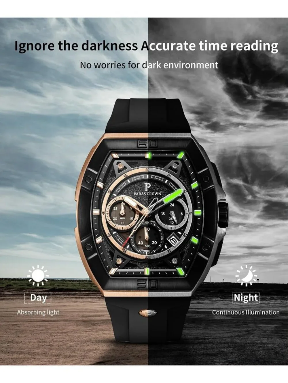 Men's Rose Gold Black 5ATM Waterproof Quartz Luxury Chronograph Analog Watch